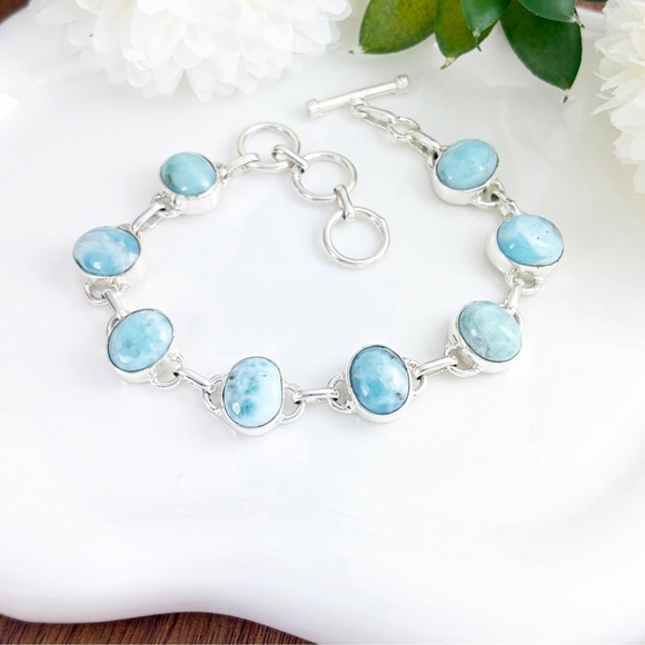 Sterling Silver 925 Larimar Bracelet Oval Handmade New - Picture 3 of 7